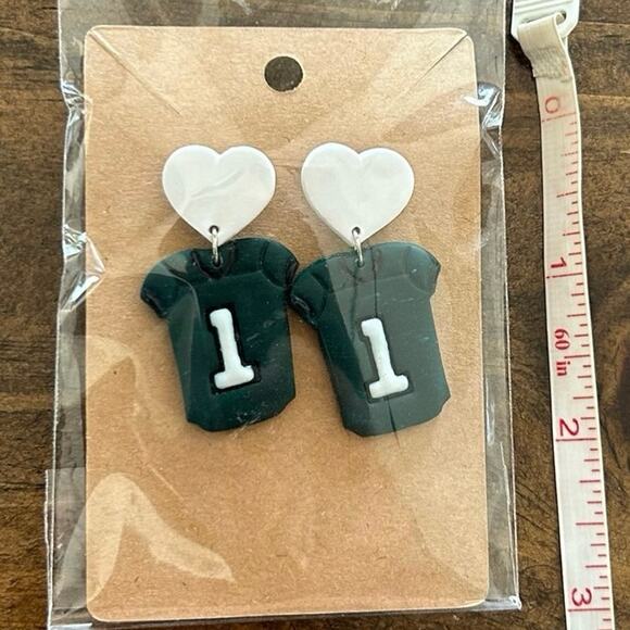 Philadelphia Eagles Green White Football Jersey Hearts Polymer Handmade Earrings - Picture 2 of 3